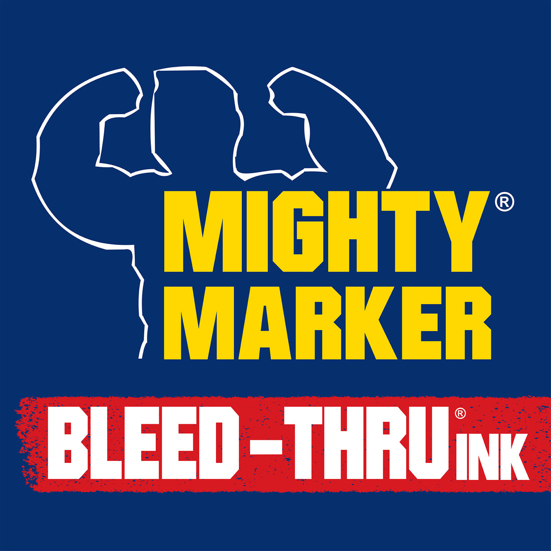 Mighty Marker Bleed-Thru Ink logo with blue background and white and red text.