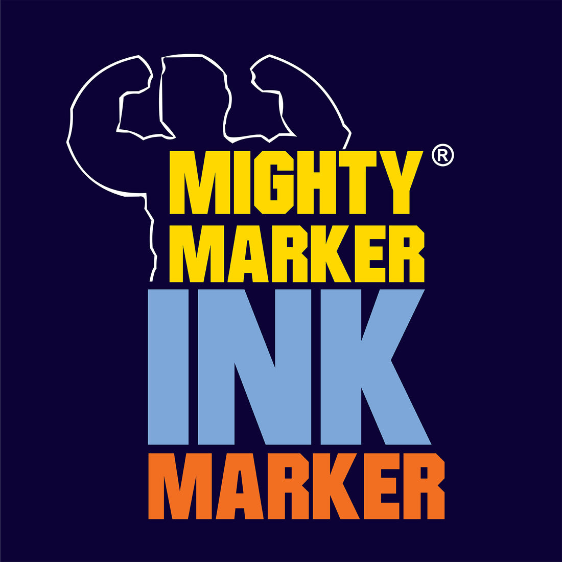 Mighty Marker Ink Marker logo with a muscular silhouette on a dark blue background