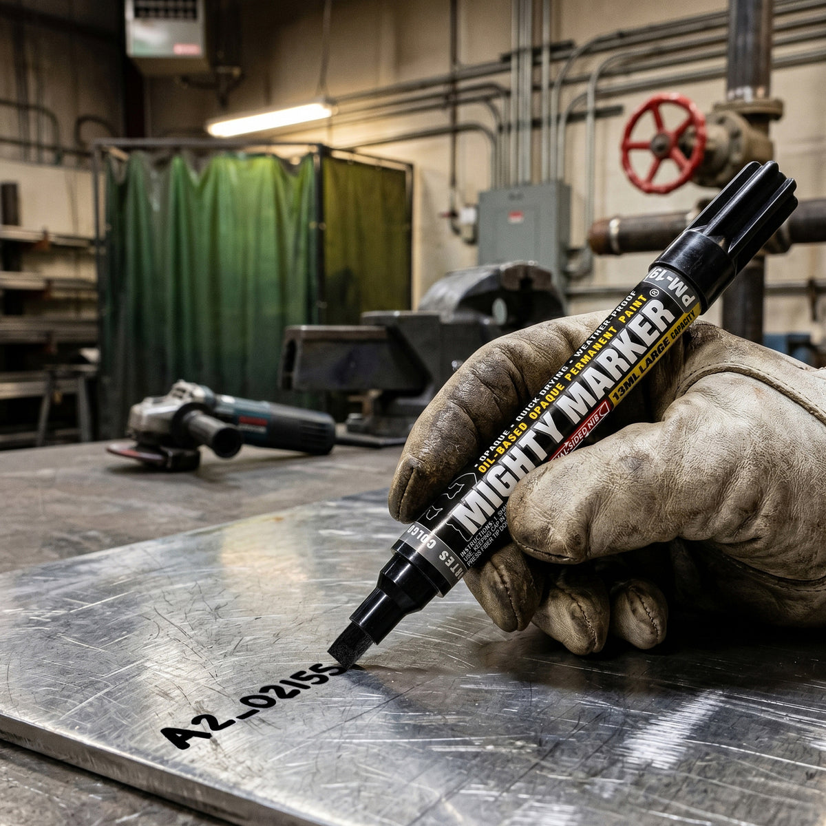 Hand wearing a glove holding a PM-19 Mighty Marker on a metal surface in an industrial setting