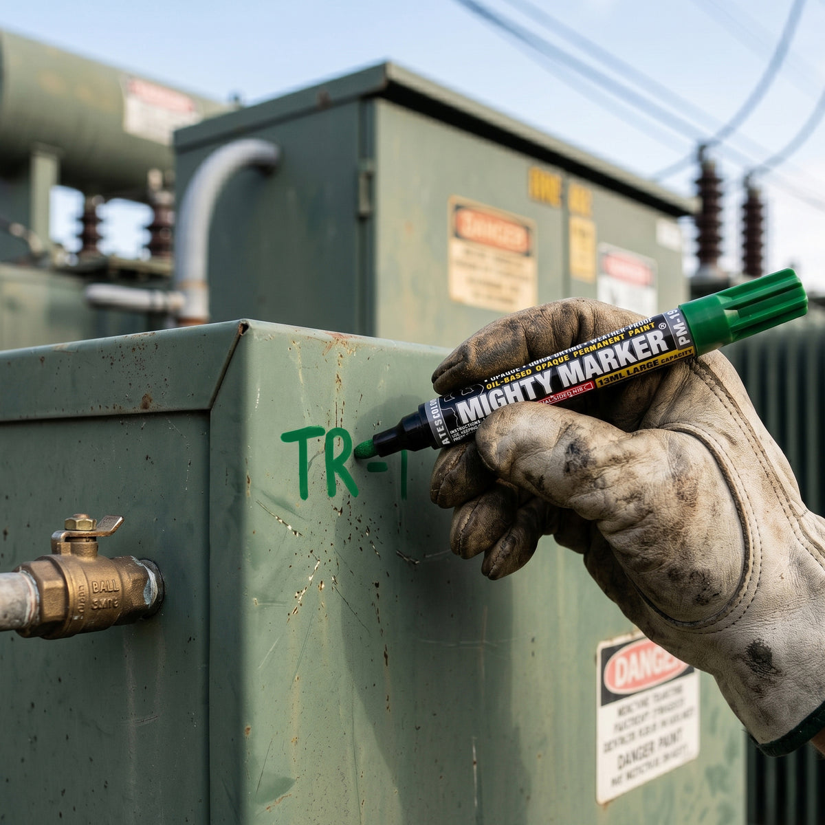 Hand with green PM-19 Mighty Marker writing on a metal box outdoors