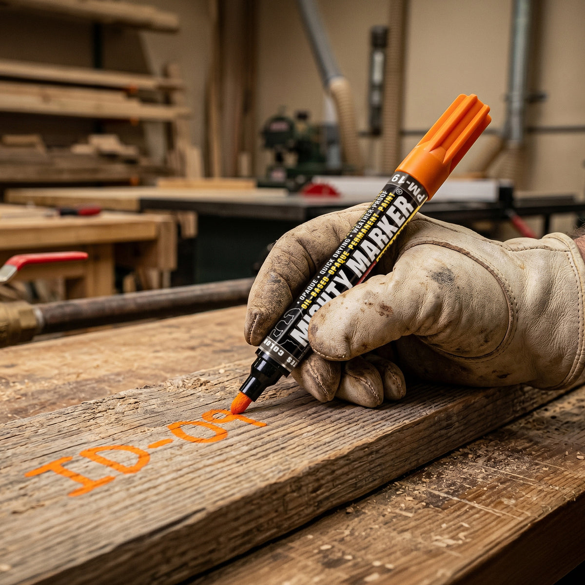 Hand wearing a glove using a orange PM-19 mighty marker to write on a wooden surface in a workshop.