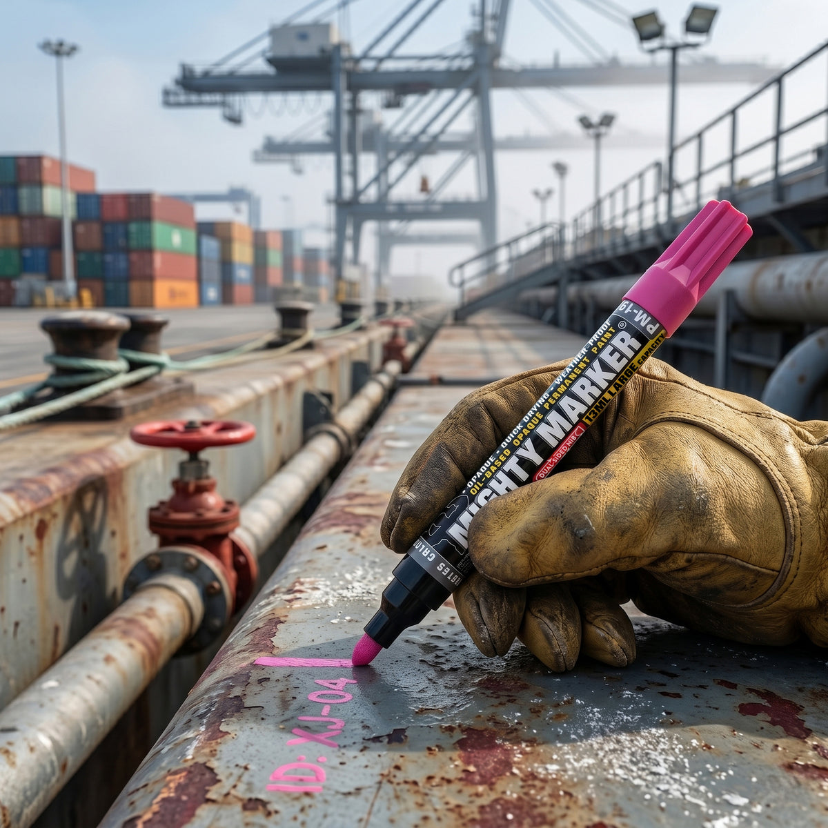 Hand wearing a leather glove holding a pinkg PM-19 mighty marker with industrial background