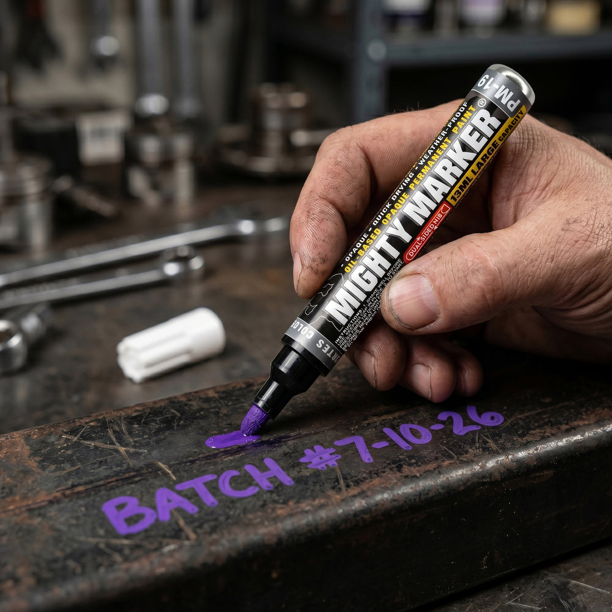 Hand holding a purple PM-19 Mighty Marker writing on a metal surface with tools in the background