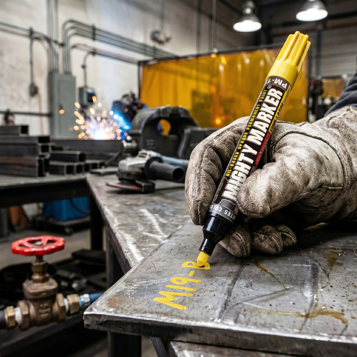 A hand wearing a protective glove holding a Yellow PM-19 Mighty Marker on a metal surface in an industrial setting.