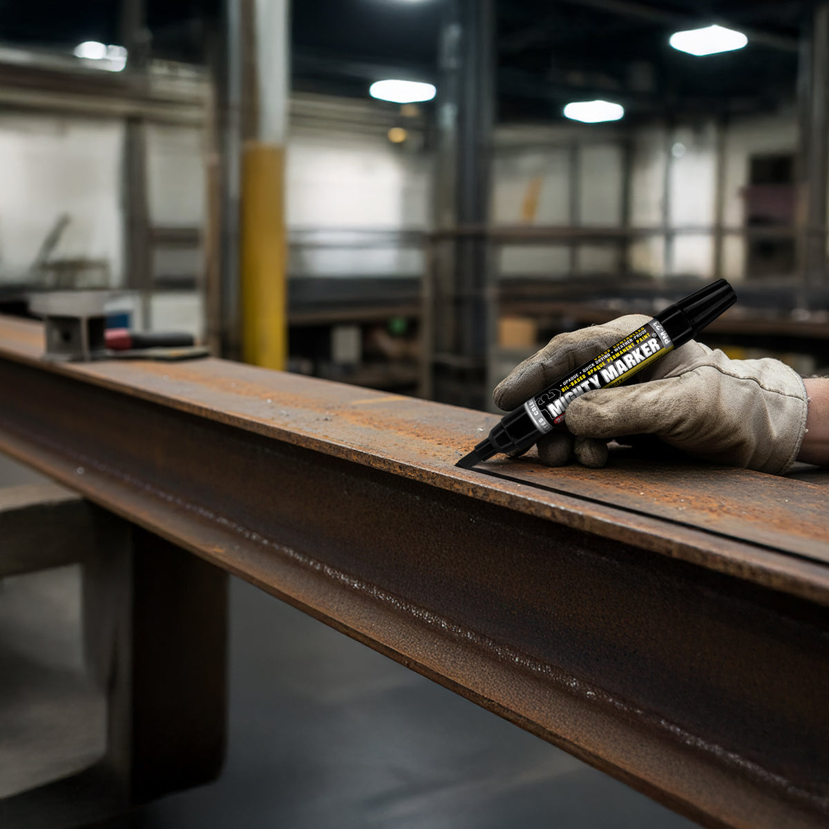 Person wearing a glove holding a PM-23 mighty marker on a metal surface in an industrial setting