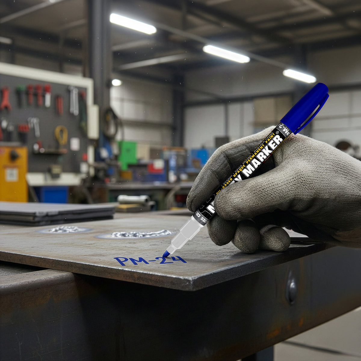 Hand wearing a gray glove holding a blue PM-24 mighty marker with a blurred workshop background