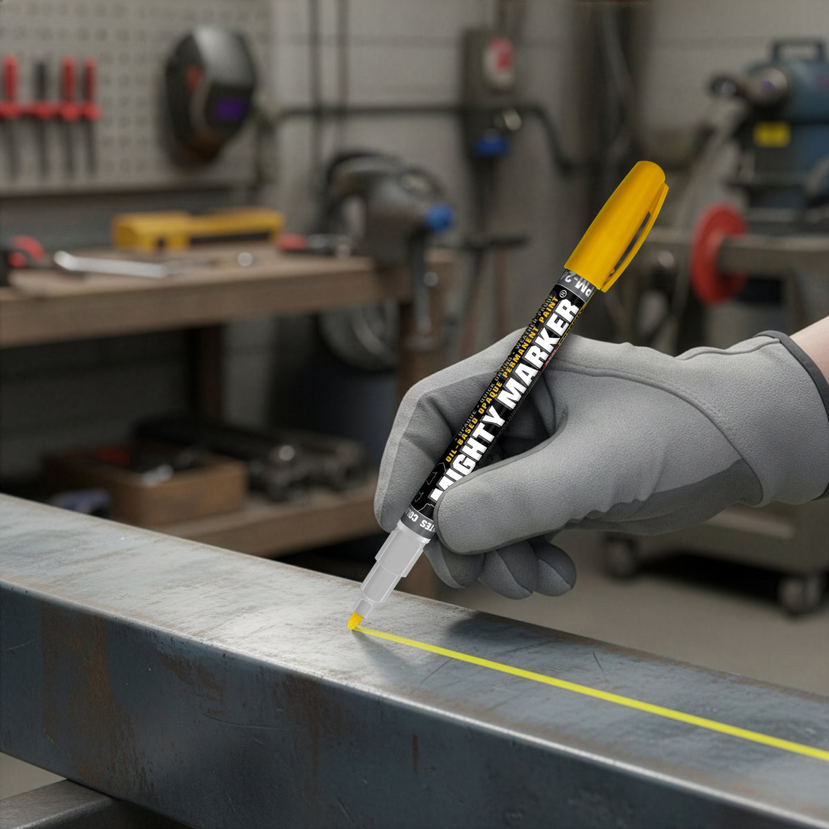 Hand wearing a gray glove using a yellow PM-24 mighty marker on metal surface with workshop background