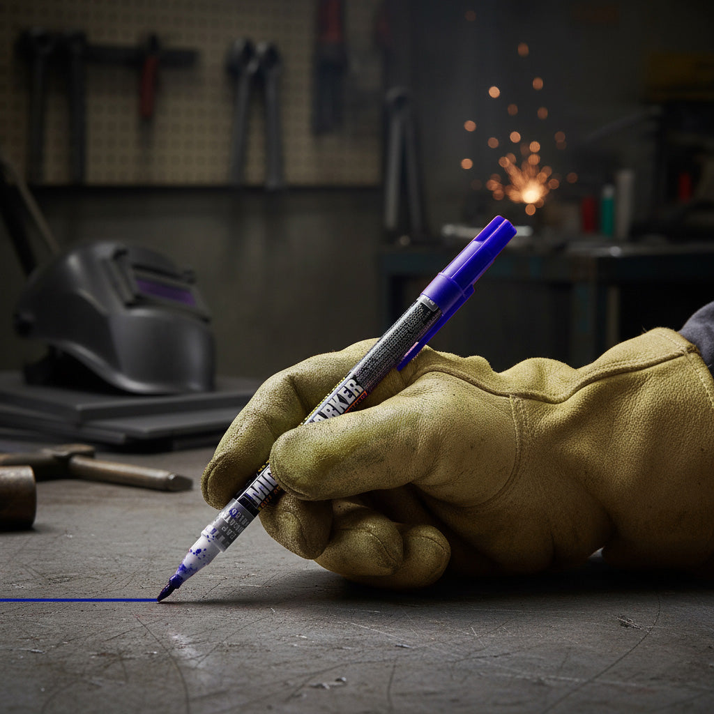 Hand wearing a yellow glove holding a blue pm-92 mighty marker with sparks in the background