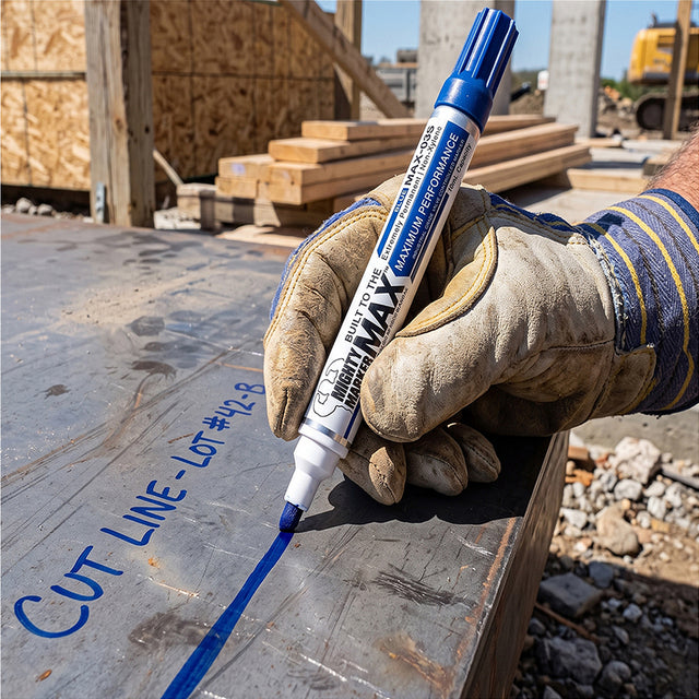 Gloved hand marking a cut line on steel with a blue Mighty Marker MAX