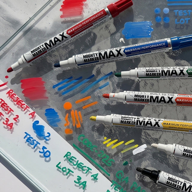 Mighty Marker Max markers with inspection marks on glass