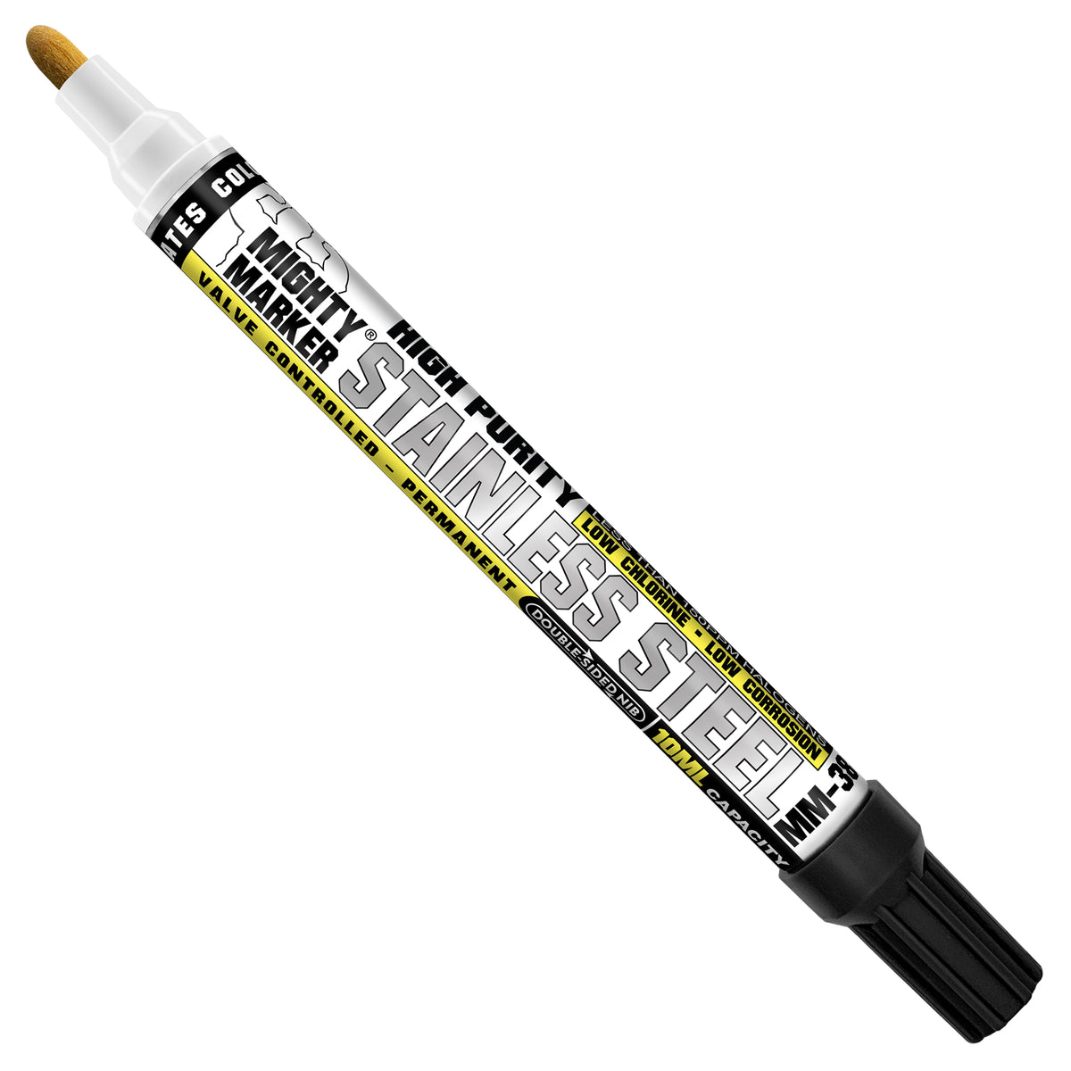 MM-38 Black Stainless Steel Mighty Marker with a black cap, shown diagonally on a plain white background.