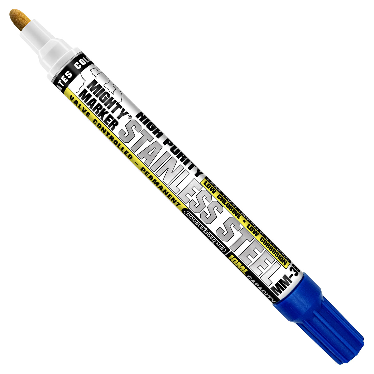 MM-38 Blue Stainless Steel MIghty Marker shown diagonally on a plain white background. The marker has a blue cap, a white barrel with a yellow and black printed label