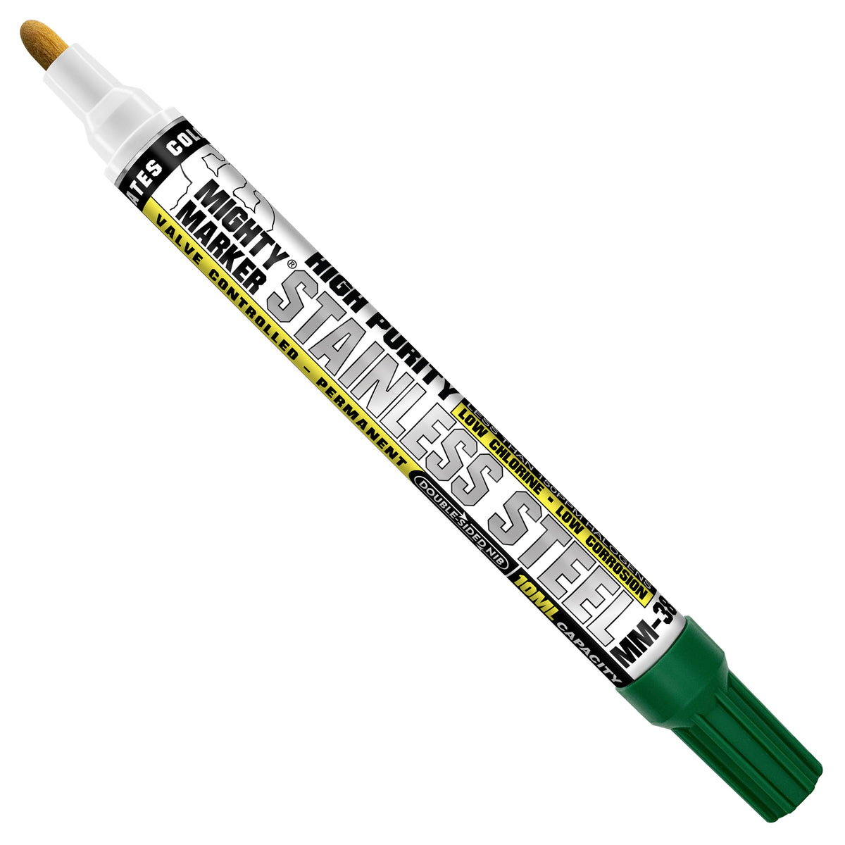 MM-38 Green Mighty Mark Stainless Steel marker with a green cap, shown diagonally on a plain white background.