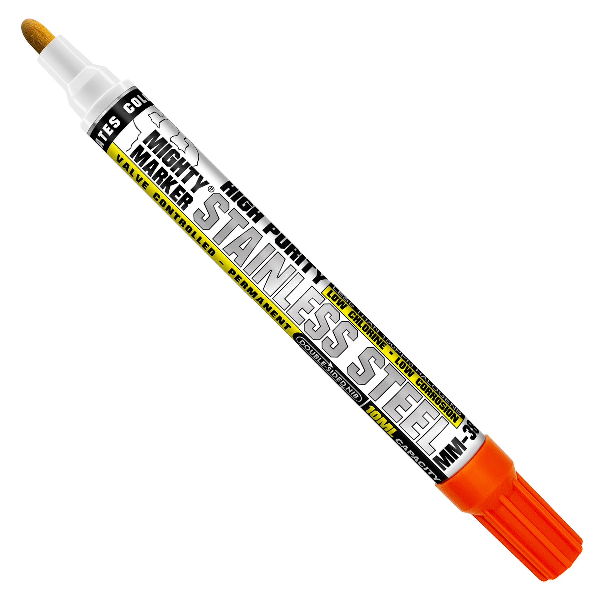 MM-38 Orange Stainless Steel MIghty Marker with a bright orange cap and a yellow-tipped tip, shown diagonally on a plain white background.