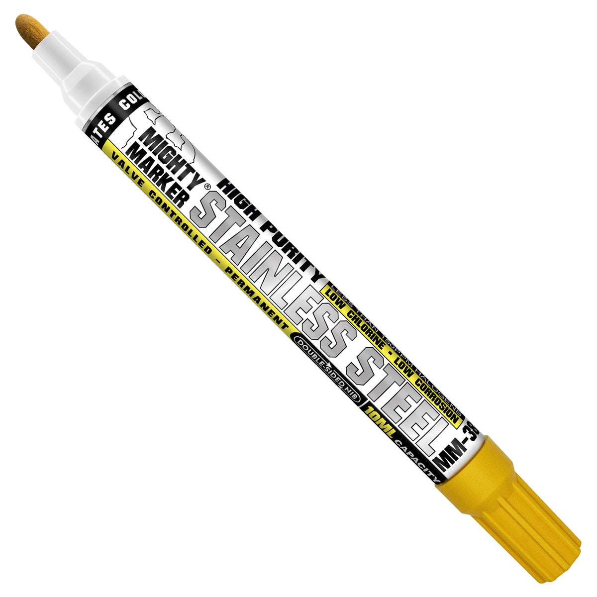 MM-38 Yellow Stainless Steel Mighty Marker shown diagonally on a plain white background. The marker has a yellow cap, a yellow and black label, and a brown tip.