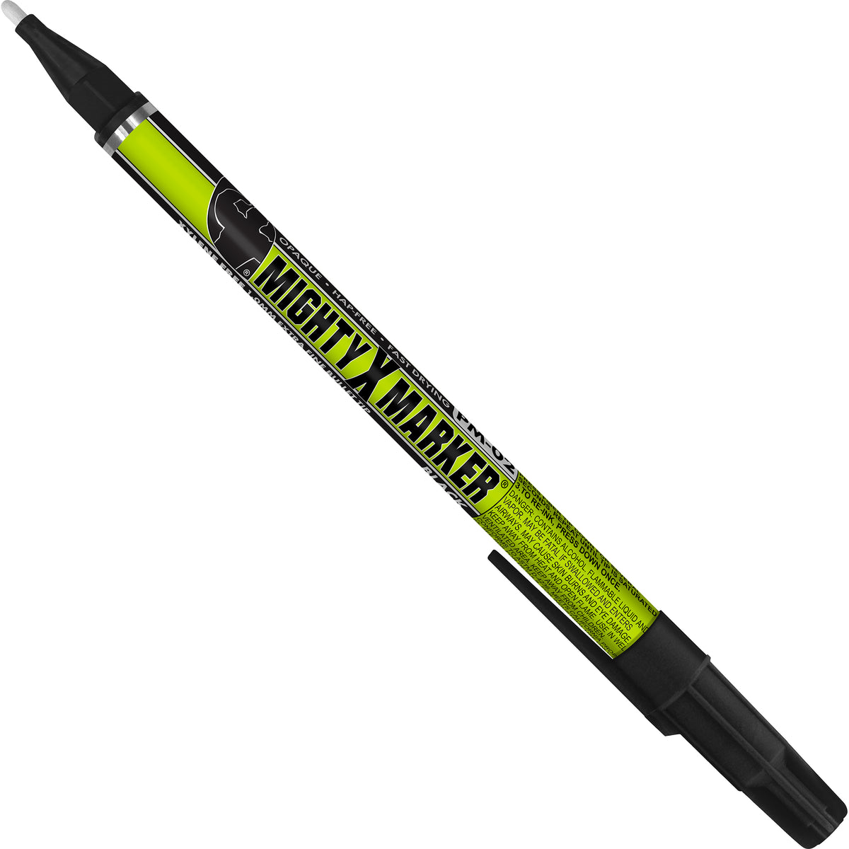 PM-02 Black Mighty X Markershown diagonally on a plain white background. The marker has a black cap and tip, with a bright neon yellow-green barrel featuring a black and white logo that reads 'MIGHTY X MARKER'.
