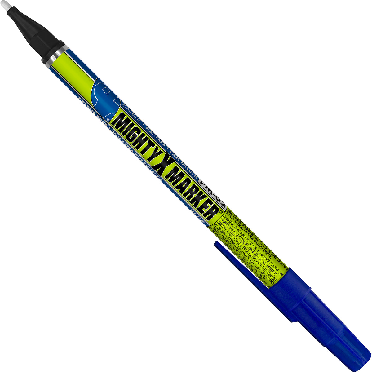 PM-02 Blue Mighty X Marker with a blue barrel, a bright neon yellow-green grip, and a black tip, shown diagonally on a plain white background.
