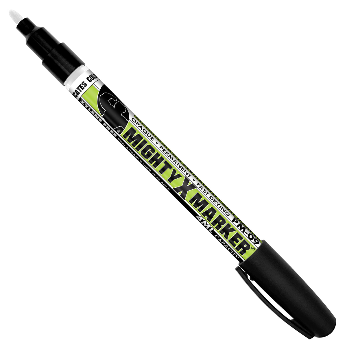 PM-09 Black Mighty X Marker with a black cap, featuring a white, black, and neon green label that reads 'MIGHTY X MARKER' and 'PRO-9'.