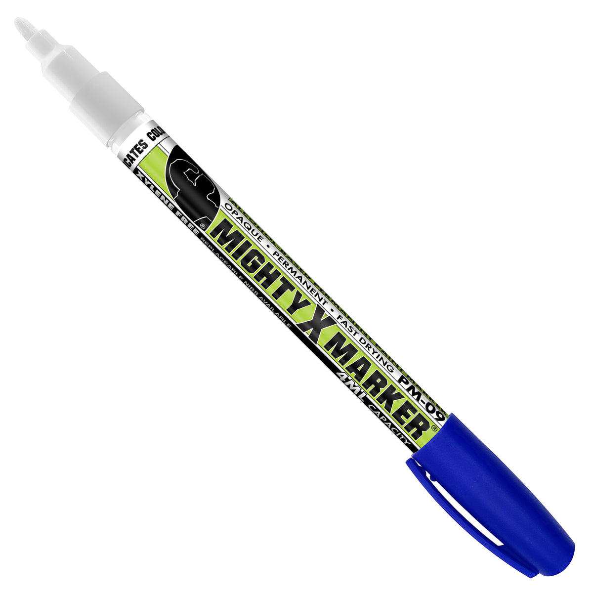 PM-09 Blue Mighty X Marker with a blue cap, blue tip, and a black and lime green label, shown diagonally on a plain white background.