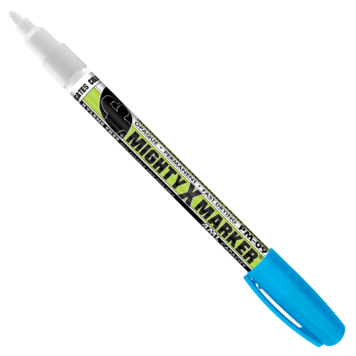 PM-09 Fluorescent Blue Mighty X Marker with a fluorescent blue cap, white plastic tip, and a black and lime green label, shown diagonally on a plain white background.
