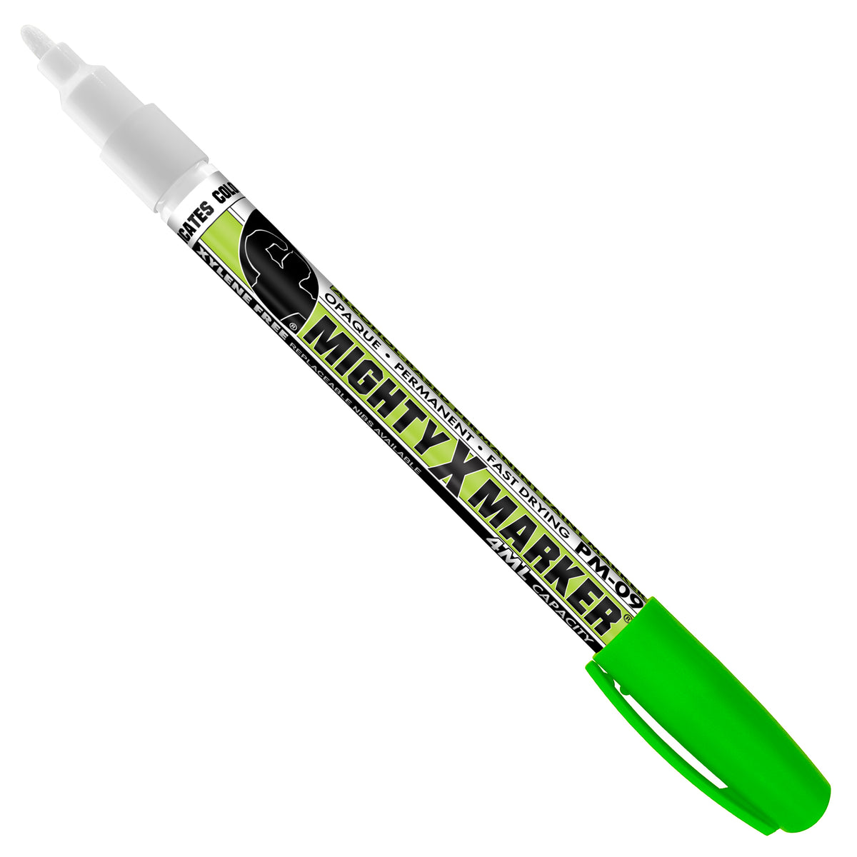 PM-09 Fluorescent Green Mighty X Marker with a fluorescent green cap and a white tip, featuring a black and lime green label on a solid white background.