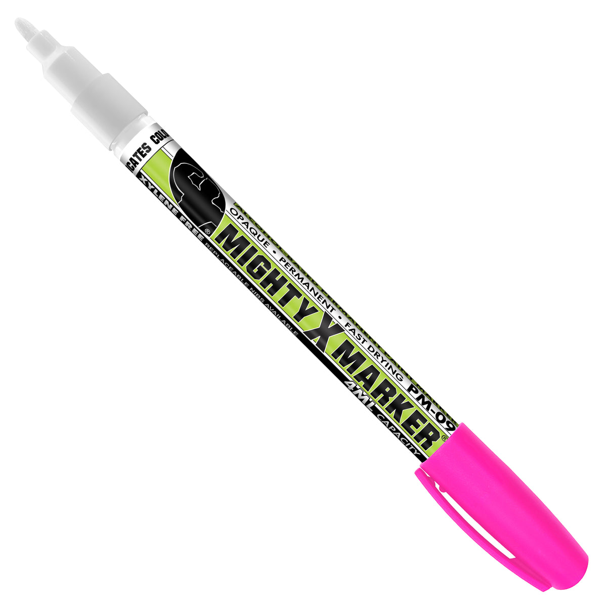 PM-09 Fluorescent Pink Mighty X Marker paint pen with a fluorescent pink cap, white plastic tip, and a black and lime green label, shown diagonally on a plain white background.