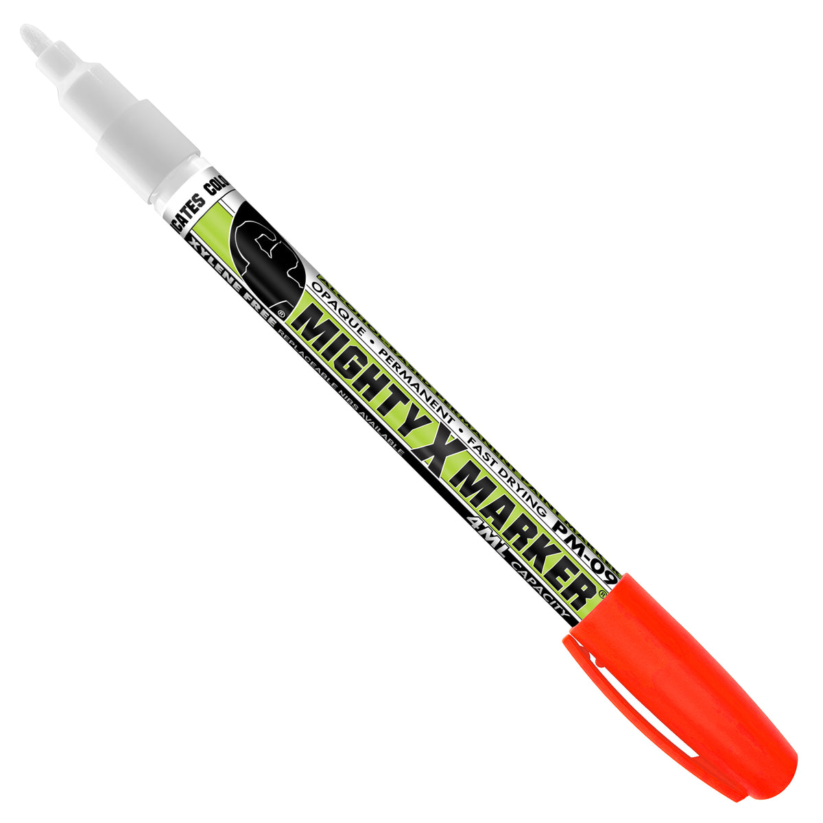 PM-09 Fluorescent Red Mighty X Marker with a fluorescent red cap, and a black and lime green label, shown diagonally on a plain white background.