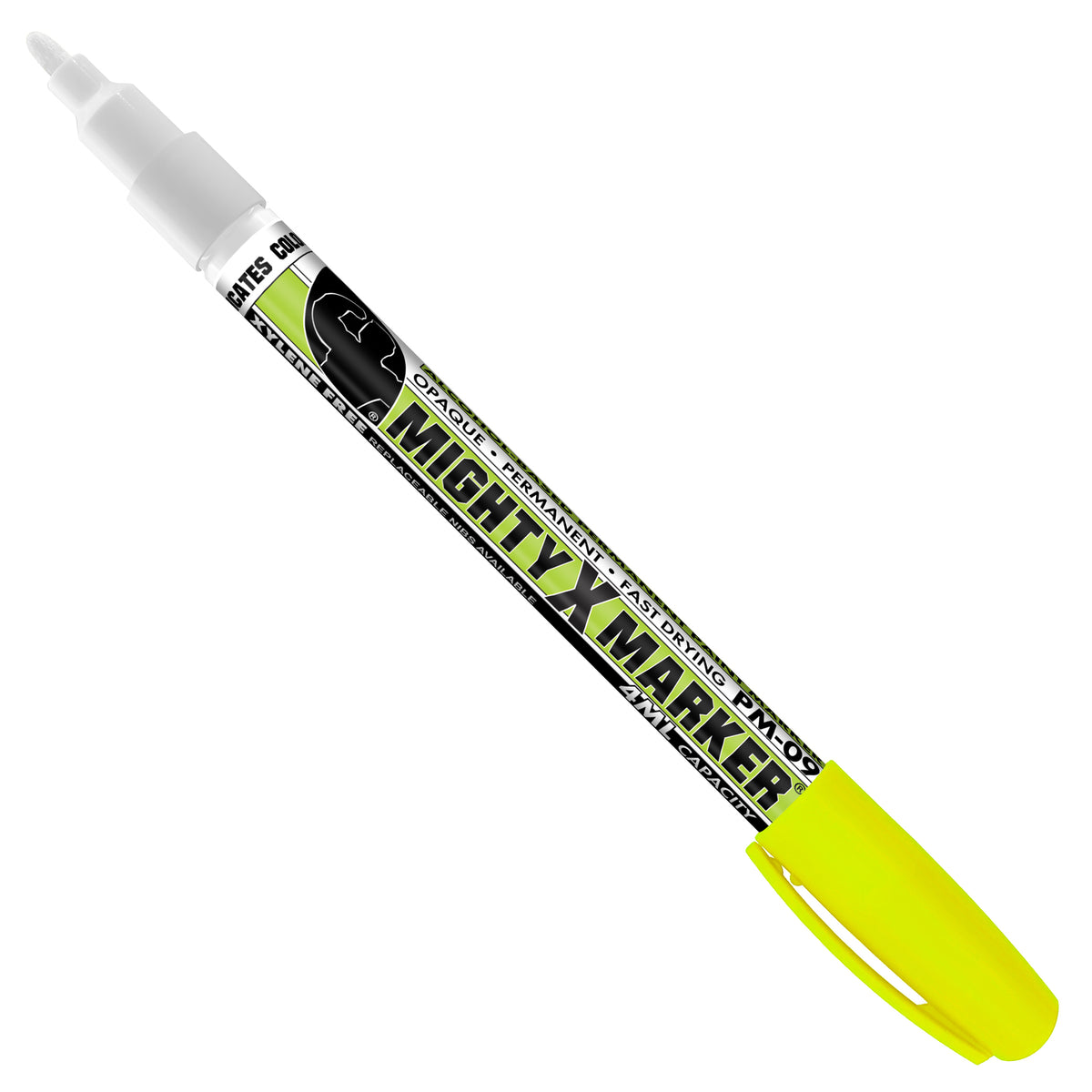 PM-09  Fluorescent Yellow Mighty X Marker with a bright fluorescent yellow cap and a black, white, and lime green label, shown diagonally on a plain white background.