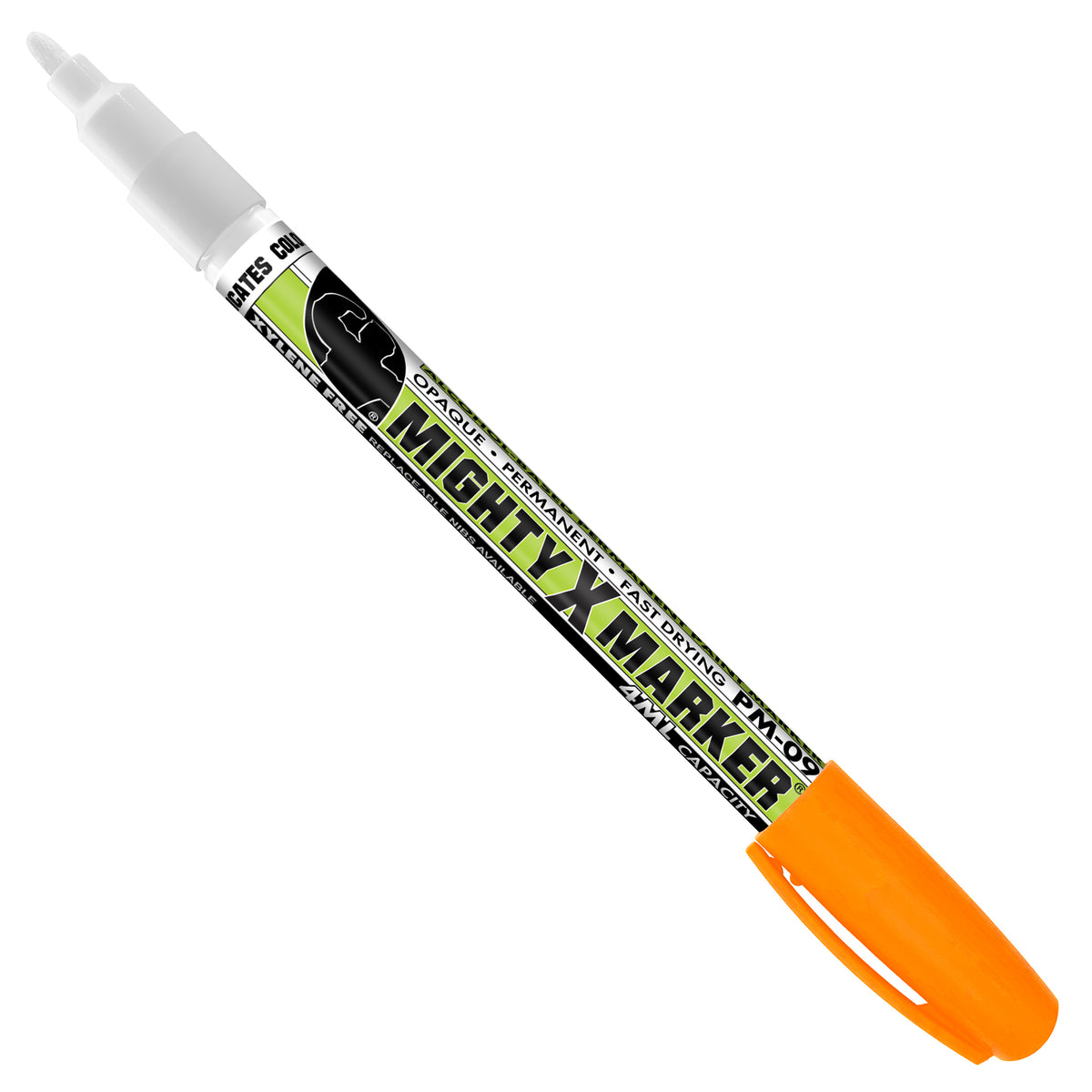 PM-09 Orange Mighty X Marker with a bright orange cap, white tip, and a black and lime green label, shown diagonally on a plain white background.