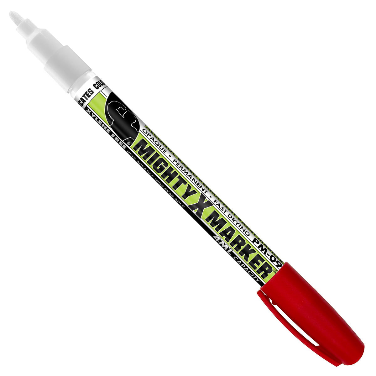 PM-09 Red Mighty X Marker with a red cap, white tip, and a black and lime green label, shown diagonally on a plain white background.
