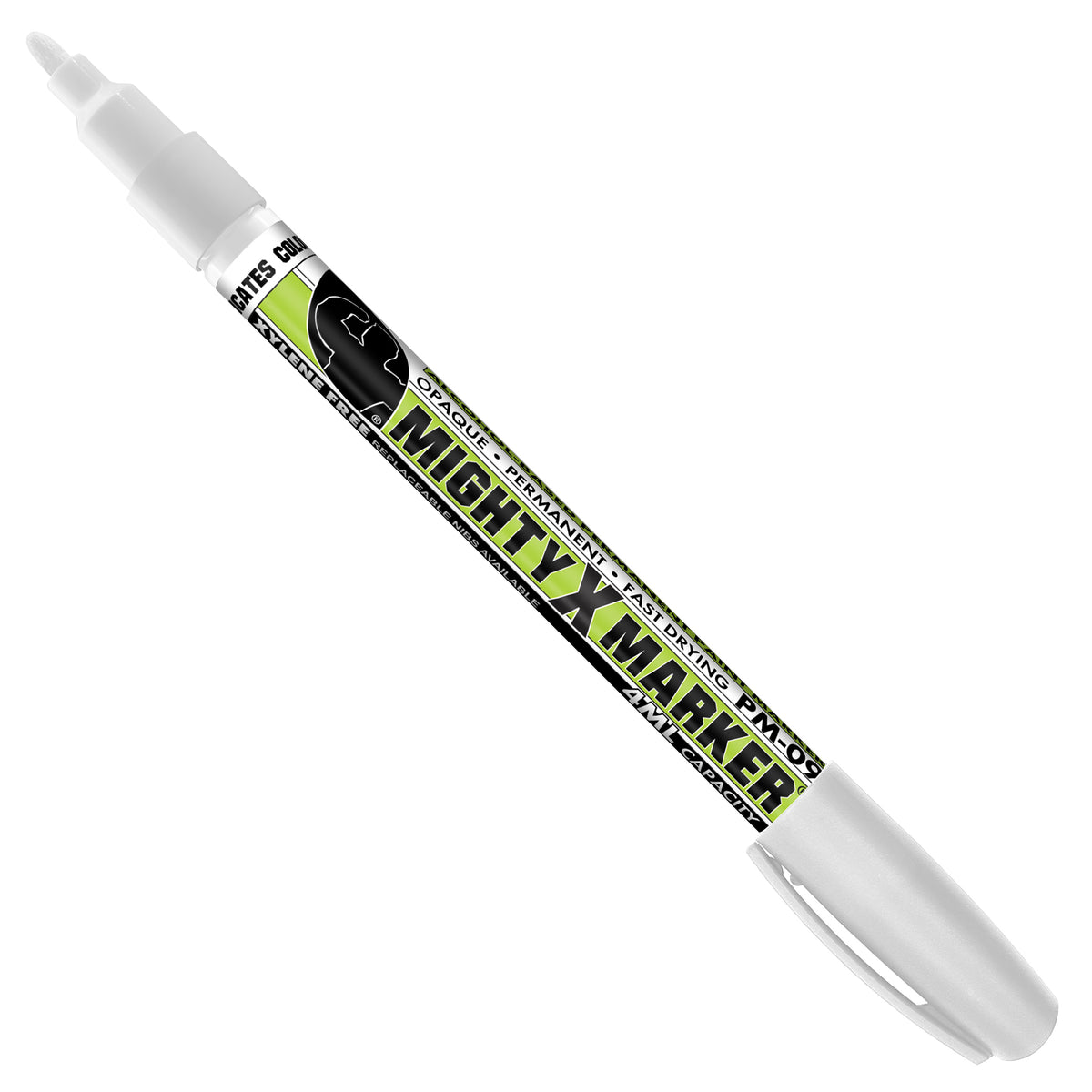 PM-09 White Mighty X Marker marker with a black and lime green label, shown diagonally on a plain white background.