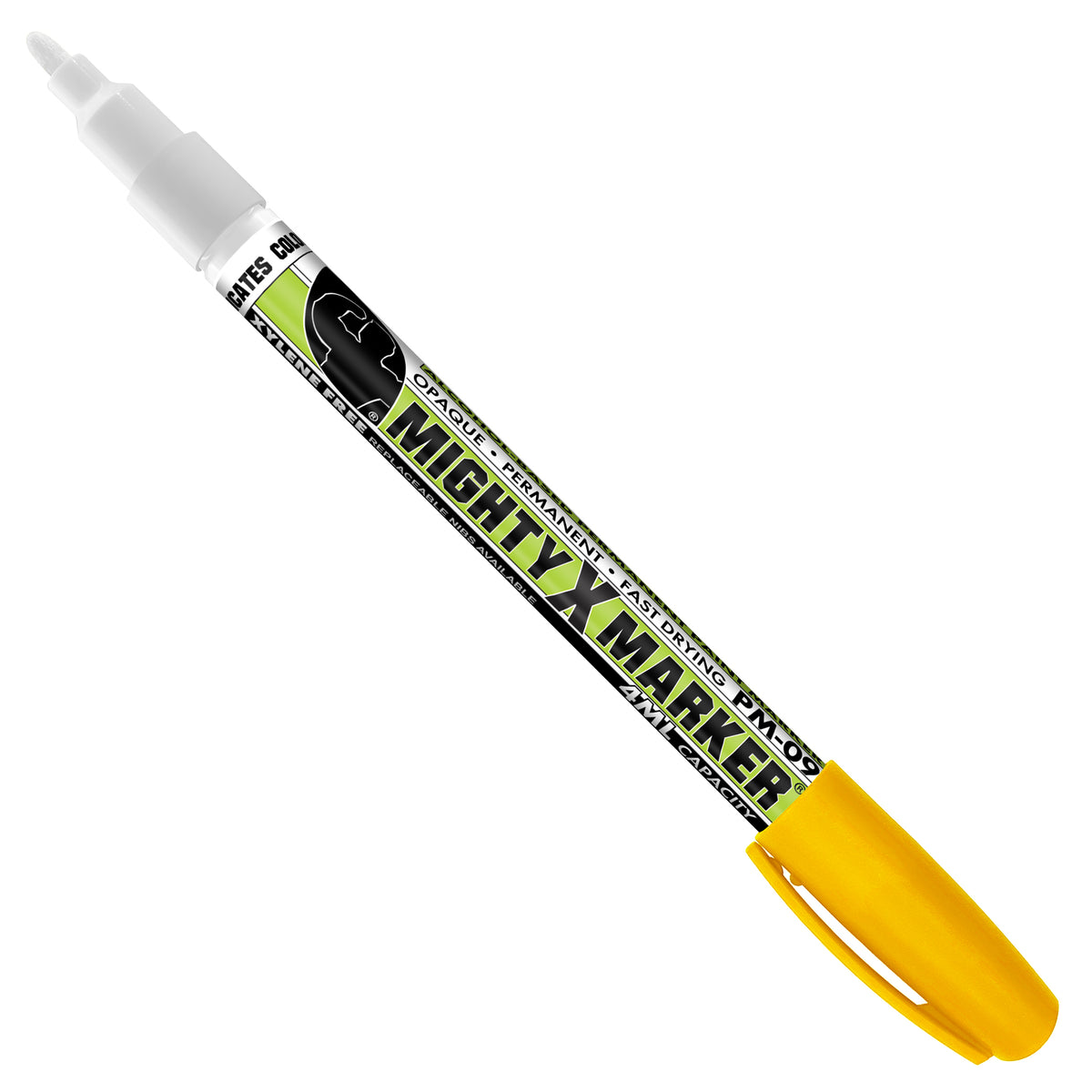 PM-09 Yellow Mighty X Marker marker with a bright yellow cap and a white tip, featuring a black and lime green label on a solid white background.