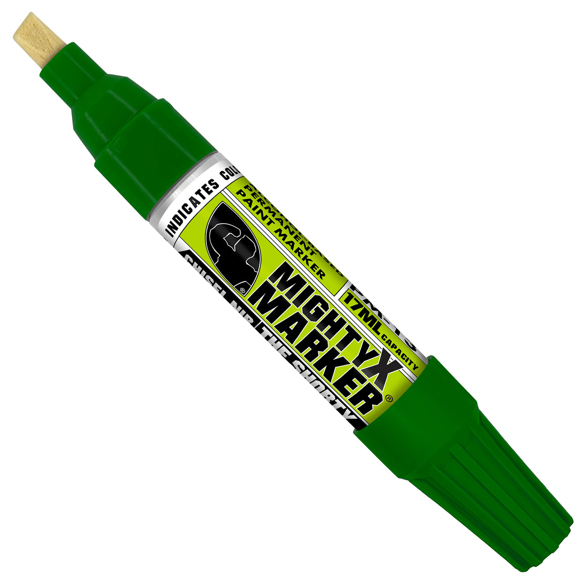 PM-13 Green Mighty X Marker with a yellow and black label, shown diagonally on a plain white background.