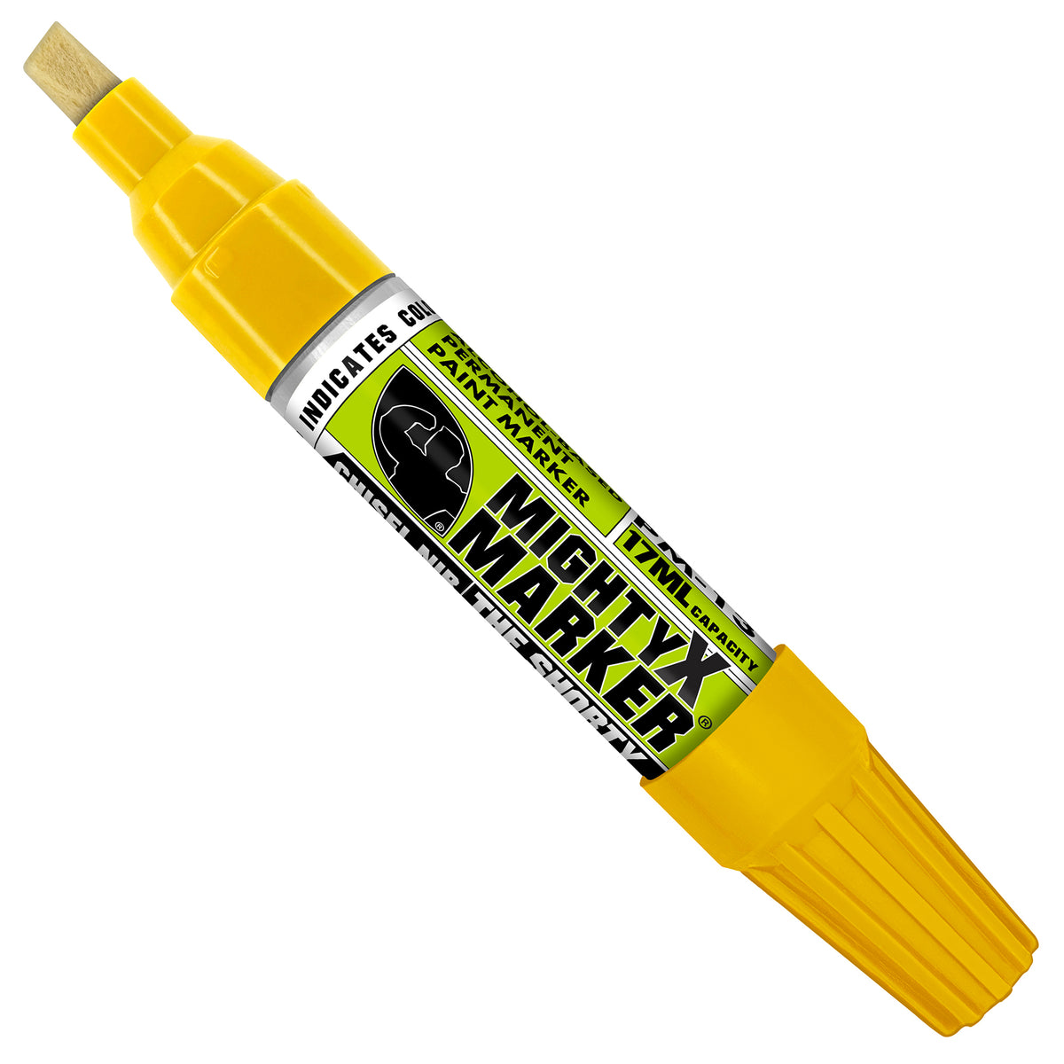 PM-13 yellow Mighty X Marker with a white and green label, shown diagonally on a plain white background.