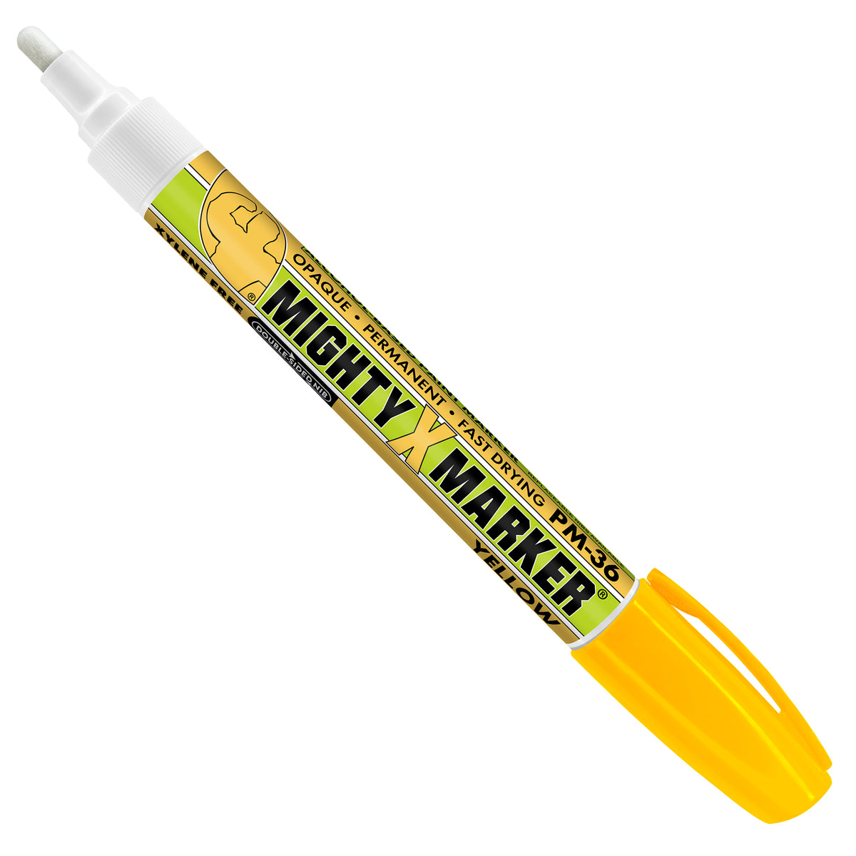 PM-36 Mighty X Marker featuring a cap and a yellow body with black and green text, shown diagonally on a white background.