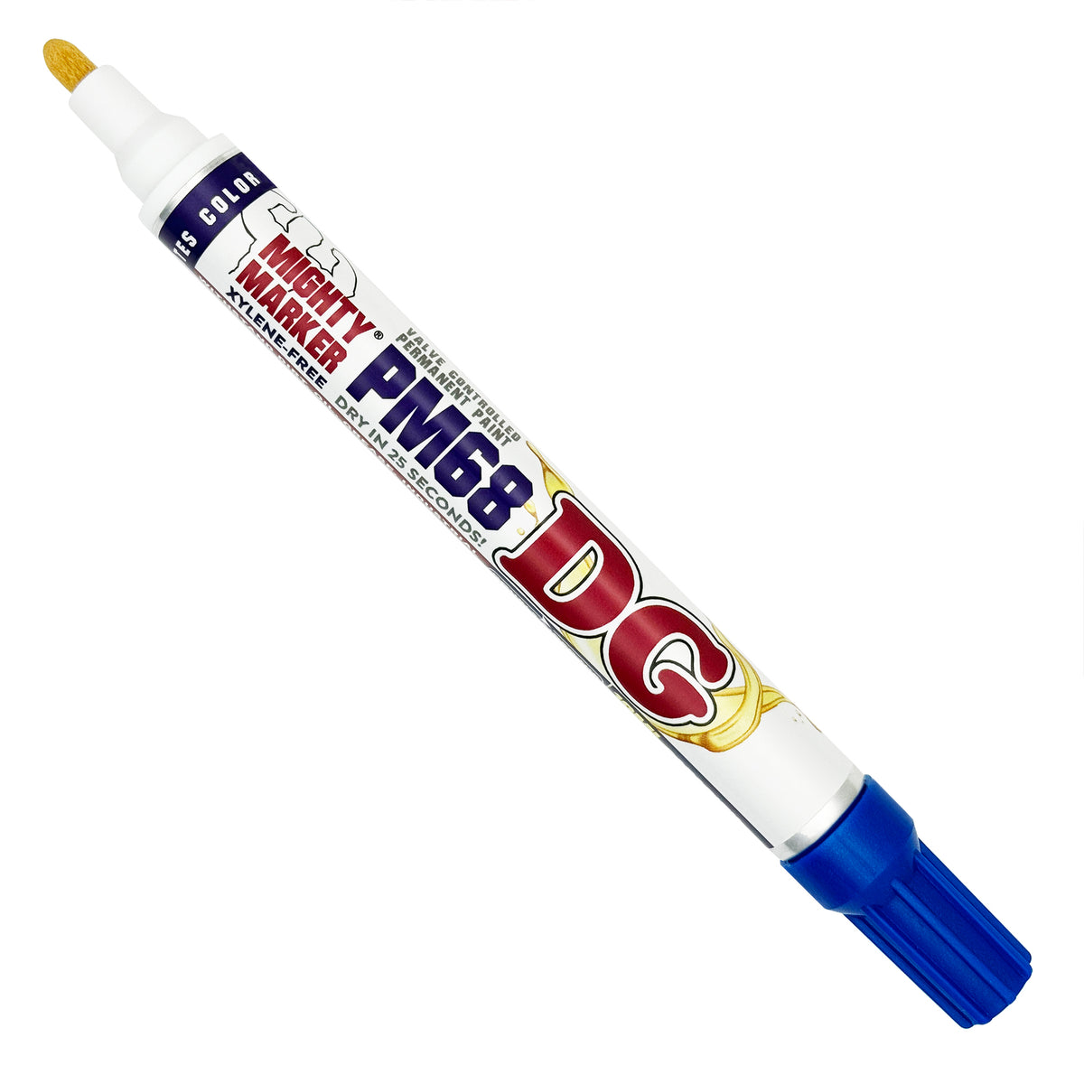 PM-68  Mighty Marker DG paint marker, featuring a white barrel with blue and red branding, a tip, and a blue cap, shown on a plain white background.
