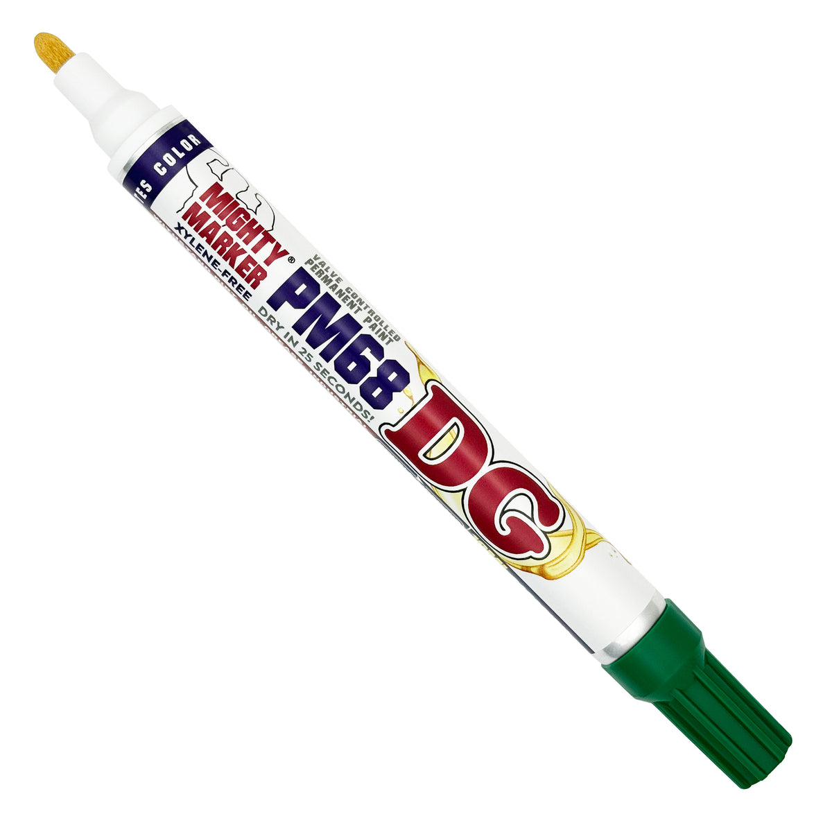 PM-68 Green Mighty Marker DG paint marker with a green cap and yellow tip, featuring red and blue branding on a white background.