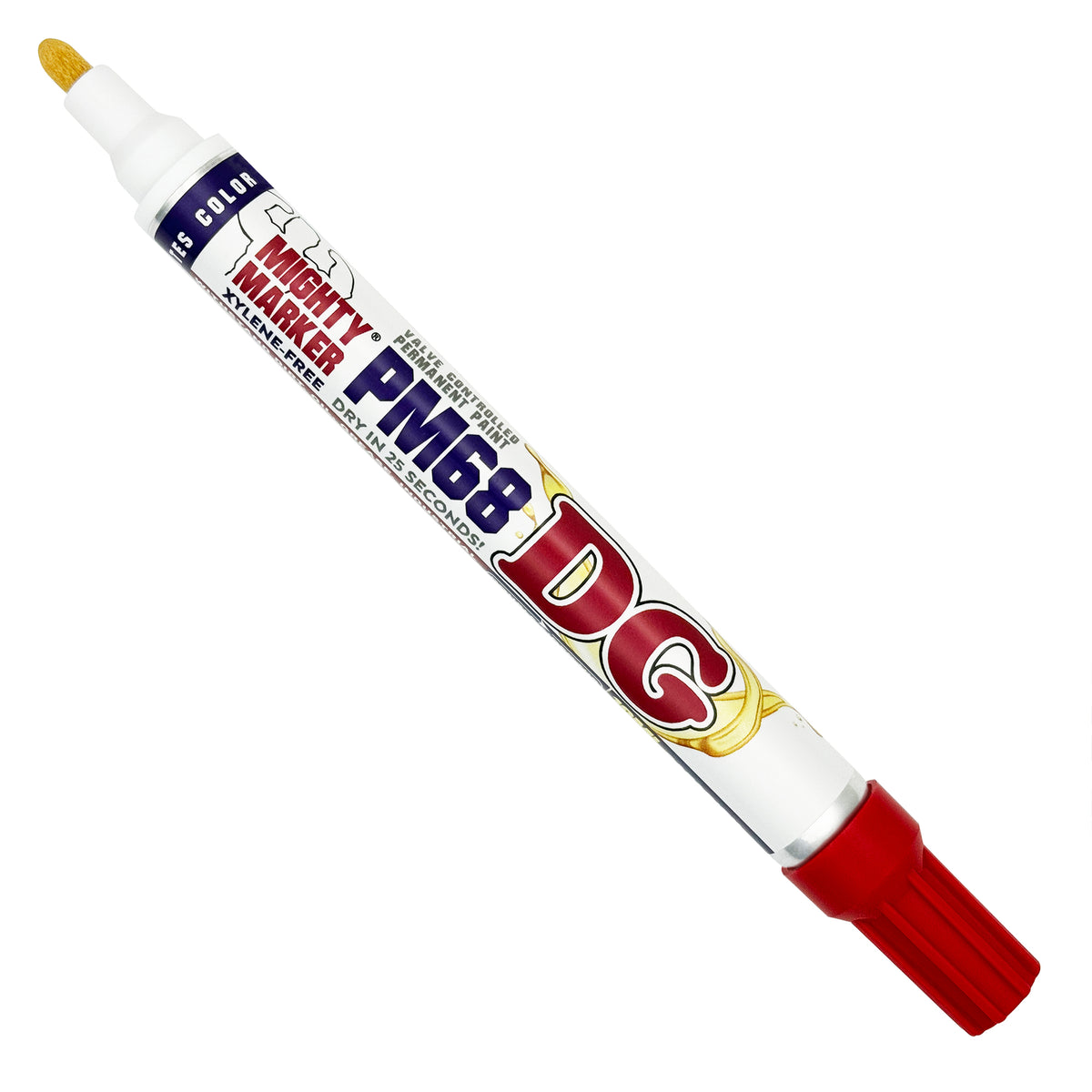 PM-68 Red Mighty Marker DG marker  shown diagonally on a plain white background. The marker has a white barrel with a red and blue cap, a paint tip, and a red and yellow DG logo.