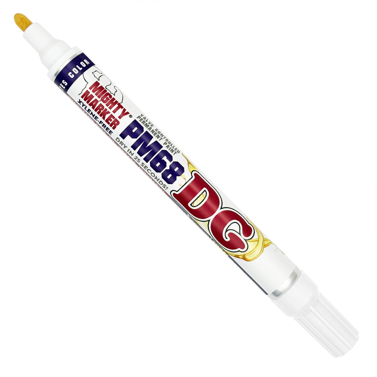 PM-68 white Mighty Markers DG with a paint tip, shown diagonally on a plain white background.